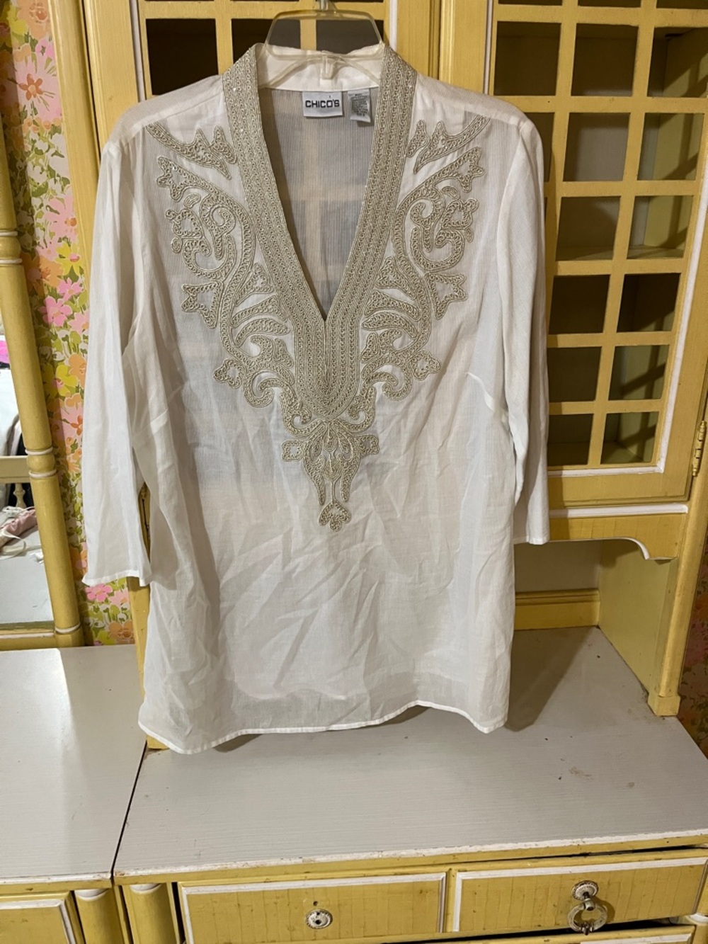 Chico's White Tunic with Beige Metallic Embroidery